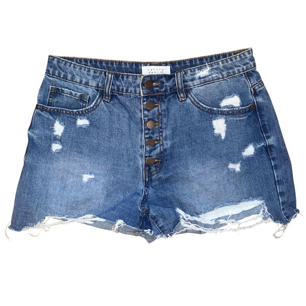 Nature Denim Distressed Destroyed High Waist Button Front Jean Shorts 32” Waist